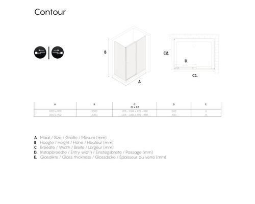 Technische tekening van een douchecabine met afmetingen