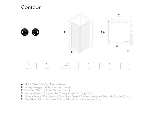 Technische tekening van een Contour douchecabine met afmetingen