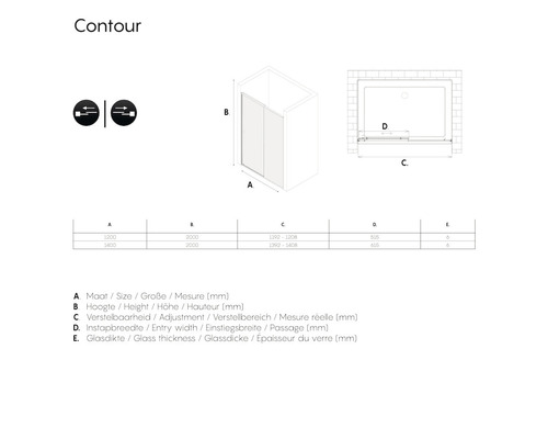 Technische tekening van een Contour douchecabine met maataanduidingen
