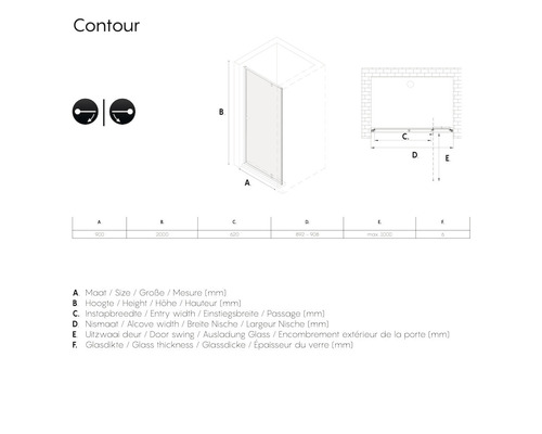 Technische tekening van een douchecabine met afmetingen
