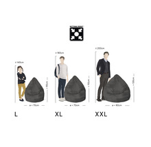 Maatvergelijking zitzakken L, XL en XXL met maatdetails