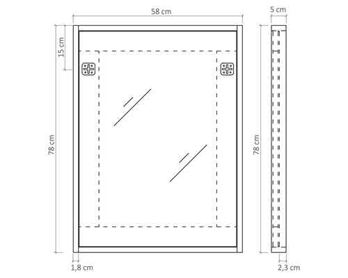 Technische tekening van een spiegelkast met maatvoering