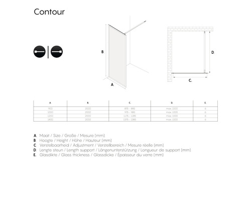 Contour douchewand technische tekening met afmetingen.