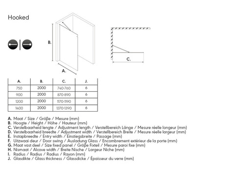 Technische tekening van een douche met afmetingen