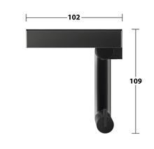 Maattekening van een zwarte toiletpapierhouder met afmetingen van 102 bij 109 millimeter.