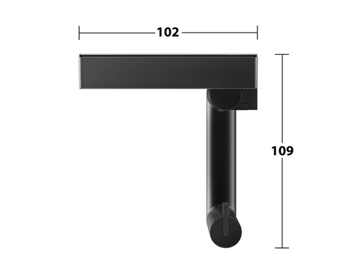 Maattekening van een zwarte toiletpapierhouder met afmetingen van 102 bij 109 millimeter.