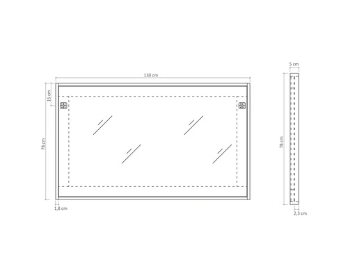 Technische tekening van een spiegel met maatvoering.