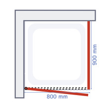 Technische tekening van een douchecabine met de afmetingen 900 mm bij 800 mm