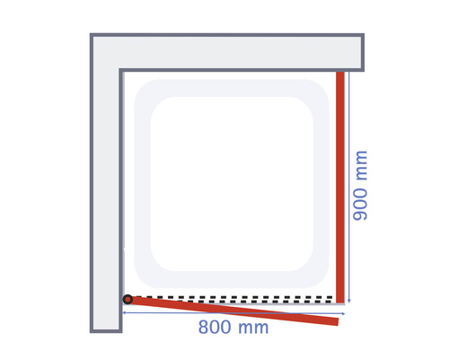Technische tekening van een douchecabine met de afmetingen 900 mm bij 800 mm