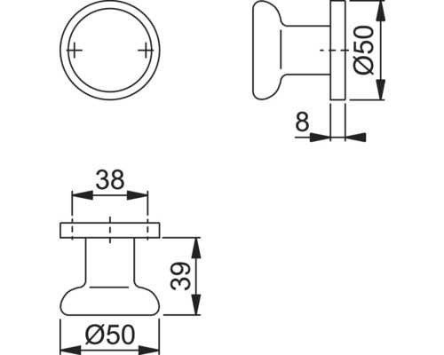 Technische tekening van een meubelknop met afmetingen