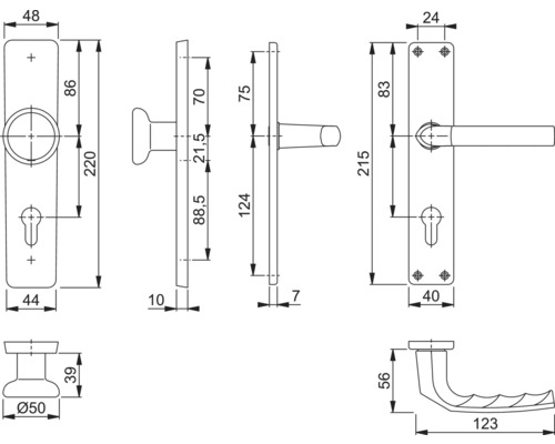 Technische tekening van een deurkruk met afmetingen
