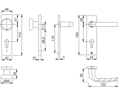 Technische tekening van een deurbeslag met afmetingen