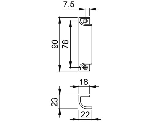 Technische tekening van een deurgreep met afmetingen