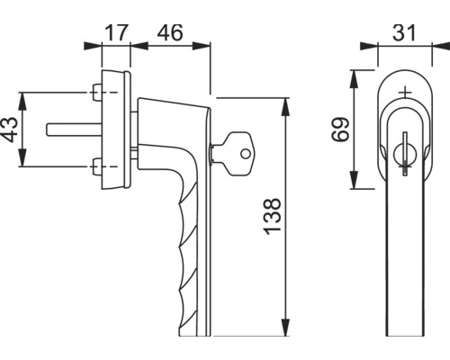 Technische tekening van een afsluitbare raamgreep met maatvoering