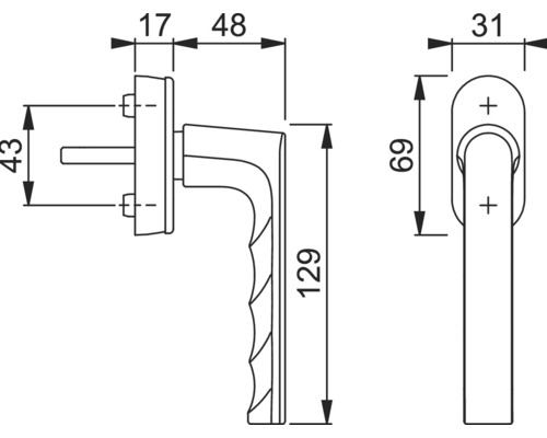 Technische tekening van een raamkruk met afmetingen