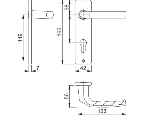 Technische tekening van een deurklink met afmetingen