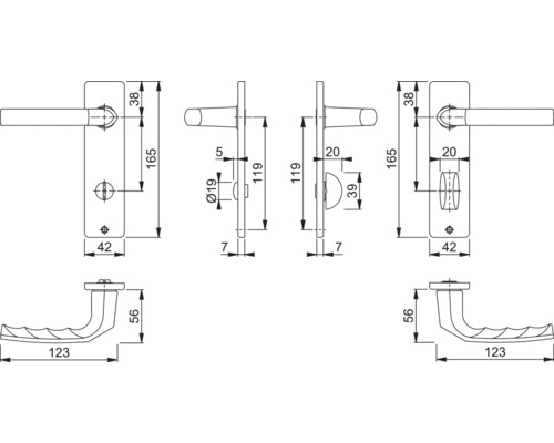 Technische tekening van een deurklink met afmetingen