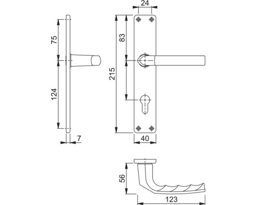 Technische tekening van een deurkruk met afmetingen