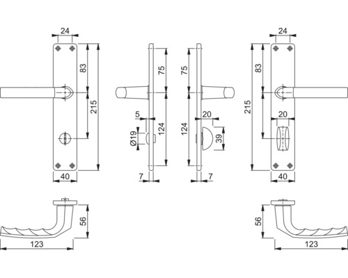 Technische tekening van een deurklink met afmetingen