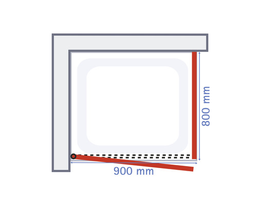 Technische tekening van een douchecabine met afmetingen van 800 mm bij 900 mm