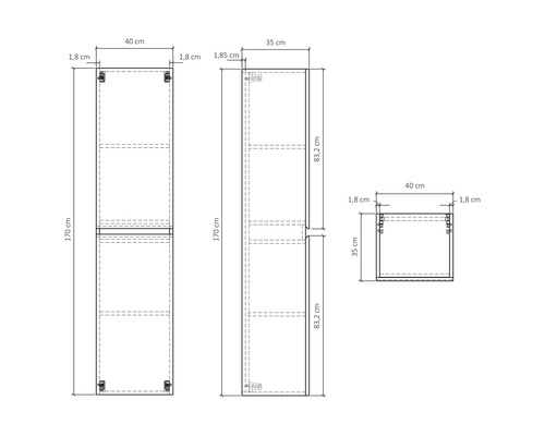 Technische tekening van een hoge kast met de afmetingen 170 bij 40 bij 35 centimeter.