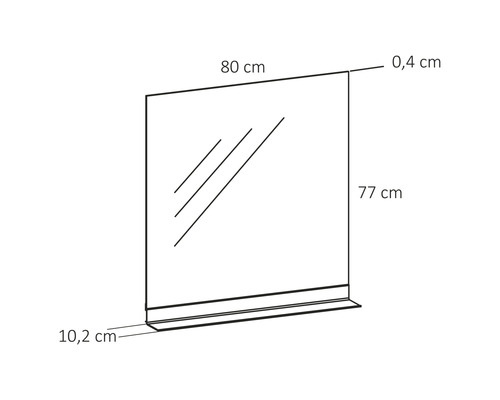 Illustratie van een spiegel met plank en maatvoering.