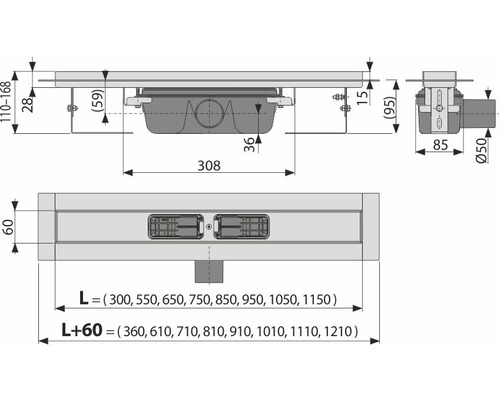 Technische tekening van een douchegoot met afmetingen
