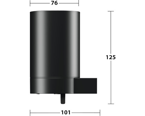 Technische tekening van een zwarte dispenser met afmetingen