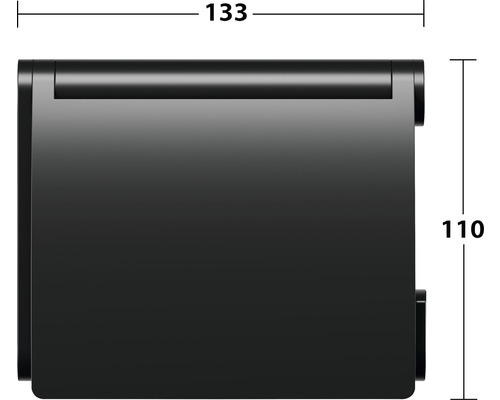 Afbeelding van de afmetingen van een toiletpapierhouder: 133 millimeter breed en 110 millimeter hoog.