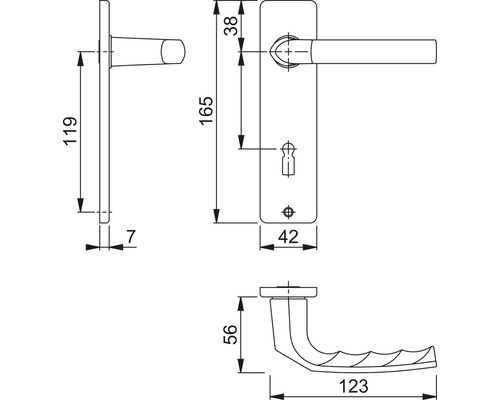 Technische tekening van een deurkruk met afmetingen