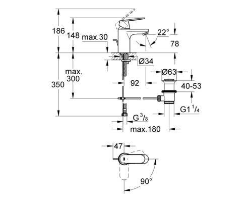 Technische tekening van een wastafelkraan met afmetingen.