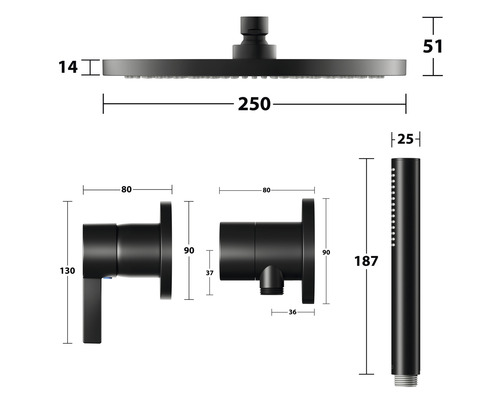 Technische tekening van een doucheset met hoofddouche, handdouche en kraan met afmetingen