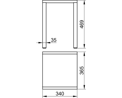 Technische tekening van een meubelstuk met maatvoering.