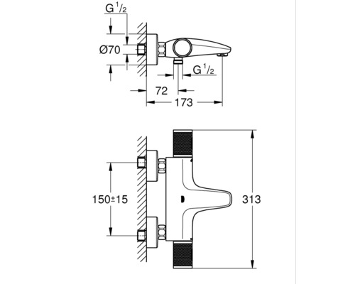 Technische tekening van een kraan met afmetingen