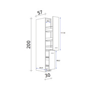 Technische tekening van een hoge kast met afmetingen.