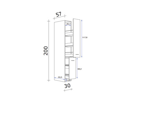 Technische tekening van een hoge kast met afmetingen.