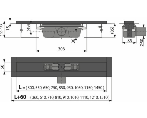 Technische tekening van een douchegoot met maatvoering