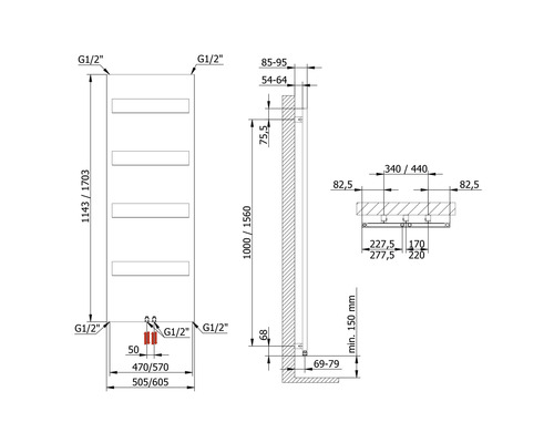 Technische tekening van een radiator met afmetingen