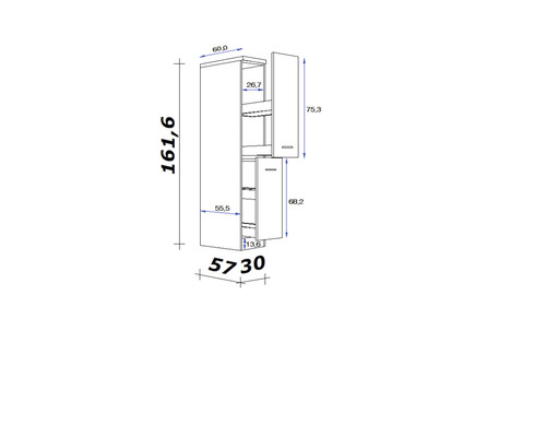 Technische tekening van een badkamerkast met afmetingen