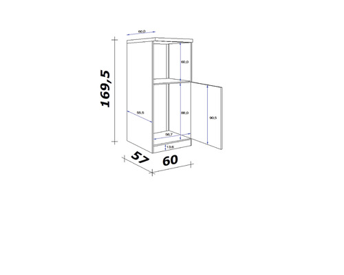 Technische tekening van een badkamerkast met afmetingen