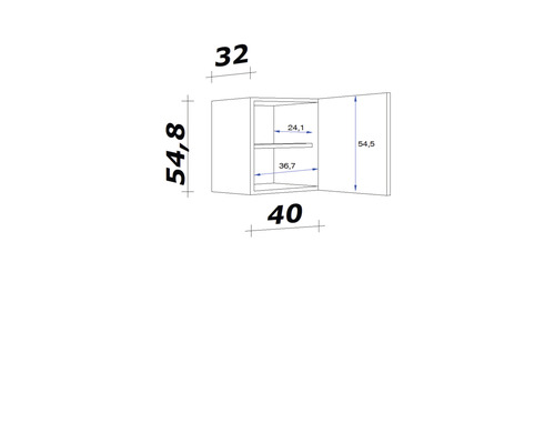 Technische tekening van een hangkast met de afmetingen 32 x 54,8 x 40 centimeter.