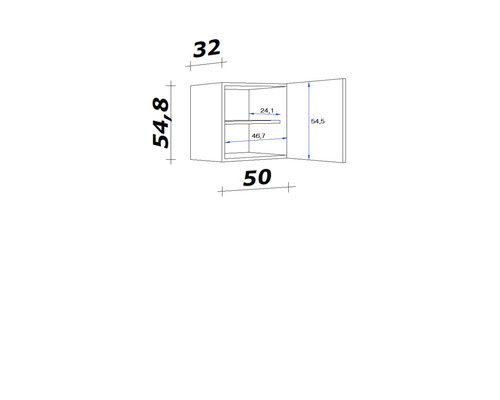 Technische tekening van een hangkast met de afmetingen 54,8 x 50 x 32 cm.