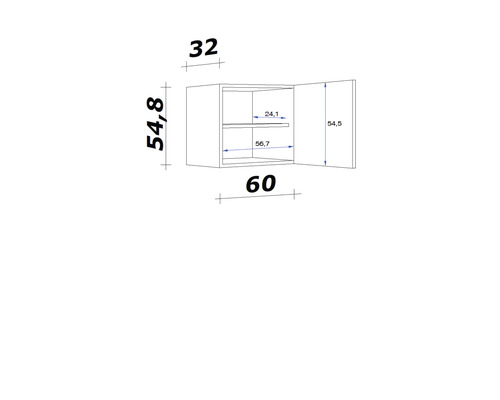 Technische tekening van een hangkast met afmetingen