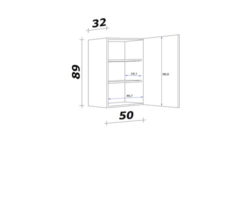 Technische tekening van een hangkast met afmetingen