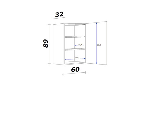 Technische tekening van een hangkast met afmetingen.