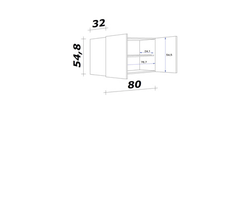 Technische tekening van een hangkast met afmetingen.