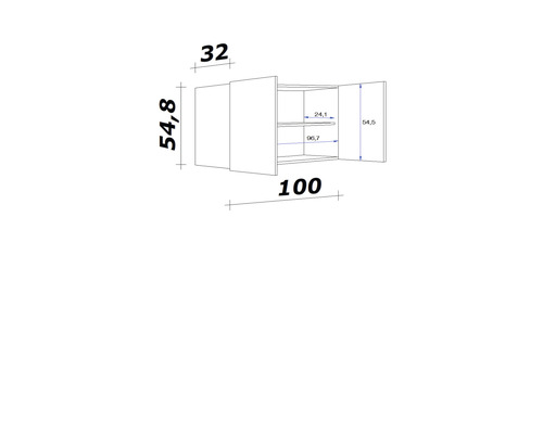 Technische tekening van een wandkast met maatvoering.