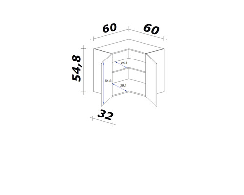 Technische tekening van een hoekkast met afmetingen