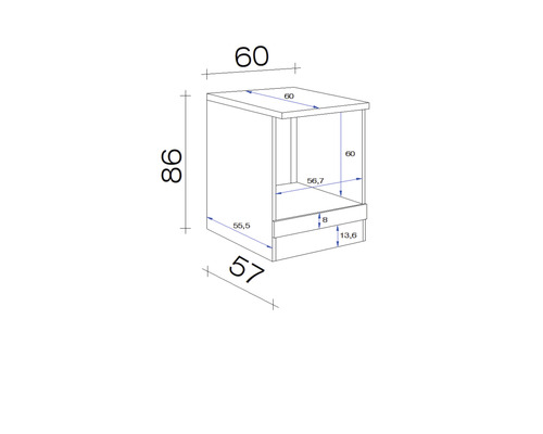 Maattekening van een onderkast met de afmetingen 60 x 60 x 86 centimeter.