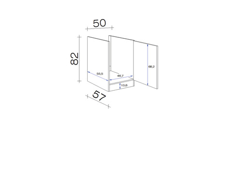 Technische tekening van een onderkast met de afmetingen 50 x 82 x 57 cm.
